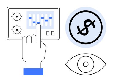 Sürgülü el işletim paneli, finans simgesi olan dolar simgesi ve gözlem yapan göz. Finans, analitik, izleme, strateji, kontrol planlama yenilikleri için idealdir. Düz