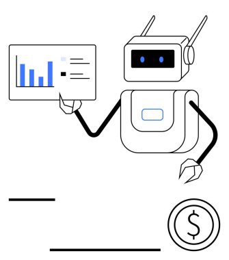 Robot veri grafiği olan bir grafik tutuyor, analitik, büyüme ve yenilik sergiliyor. Otomasyon, yapay zeka, veri, iş finans teknolojisi fütüristik tasarım için idealdir. Düz basit metafor