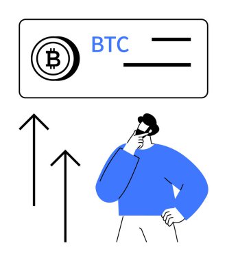 Yükselen oklar ve BTC cüzdan ikonu ile sembolize edilen Bitcoin trendlerini analiz eden düşünceli kişi. Finans, kripto para birimi, yatırım kararları, blok zinciri, ticaret, para büyümesi, dijital