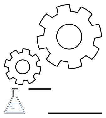 İnovasyon, mekanik ve araştırmayı sembolize eden bir laboratuvar matarası olan büyük ve küçük vites ana hatları. Bilim, teknoloji, mühendislik, takım çalışması, yenilik, ilerleme için ideal düz bir metafor