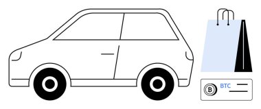 Alışveriş çantalarının yanındaki kompakt otomobil ana hatları ve Bitcoin kartı yenilikçi satın alma, dijital ekonomi, eko-ulaşım, kripto para birimi, e-ticaret, modern perakende, nakitsiz gelecek, düz sade bir gelecek vurguluyor