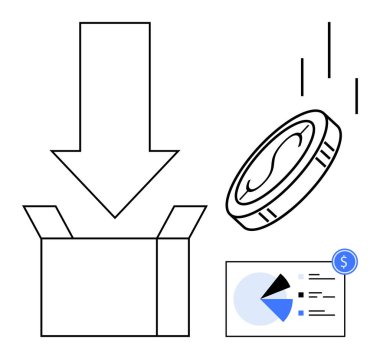 Bozuk para, yanında finansal pasta grafiği ile birlikte aşağıya doğru okla açık kutuya düşer. Finans, yatırım, tasarruf, gelir üretimi, kar büyümesi, kitle fonlama finans stratejisi için idealdir. Düz