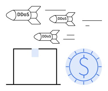 Bilgisayara doğru uçan DDoS etiketli füzeler ve bir dolar para teknolojiyi, ekonomiyi ve güvenliği bozan siber saldırıları sembolize ediyor. Siber güvenlik, finans, iş riskleri ve siber suç için ideal