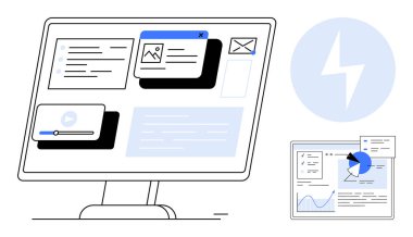 Katmanlı içerik kartları, grafikleri, ortam oynatıcısı, pasta grafiği ve e-posta uyarısı içeren masaüstü ekranı. UXUI tasarım, sunum, teknoloji, analitik verimlilik iş akışı yönetimi için idealdir basit