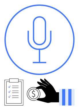 Mikrofon sesi veya iletişimi simgeler, kontrol listesi olan pano planlama ya da organizasyonu temsil eder, el ele tutuşan para maddi kavramları vurgular. İş, medya ve takım çalışması için ideal