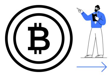 Eş merkezli çemberlerin içindeki Bitcoin sembolü elinde belgeler tutan ve ileriye bakan bir işadamının yanında. Kripto para birimi, engelleme zinciri, finans, yatırım, yenilik, büyüme, dijital ekonomi için ideal
