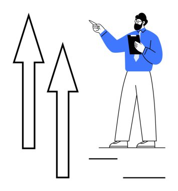 Profesyonel olarak, büyümeyi, başarıyı, liderliği ve yönü temsil eden büyük ok grafiklerinin yakınına işaret ediyor. Strateji için ideal, kariyer geliştirme, iş geliştirme, planlama takım çalışması dairesi