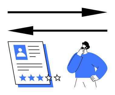 İki zıt yönde okun rehberliğinde, yıldız reytingli bir belgeye kafa yoran bir adam. Karar verme, karşılaştırma, yargı, performans değerlendirmesi, değerlendirme, kariyer değerlendirmesi için ideal