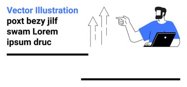 Yükselen oklarda el kol hareketi yapmak büyümeyi, yeniliği ve başarıyı dizüstü bilgisayarla temsil eder. İş stratejisi, kariyer geliştirme, dijital fikirler, takım çalışması, sunumlar, analizler için ideal