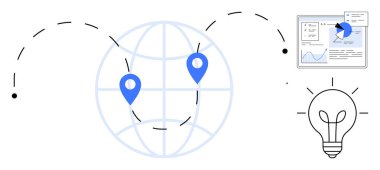 Konum lobutları, grafik paneli, ampul ve bağlantı yolları olan bir dünya. Teknoloji, analitik, yenilik, küresel ulaşım, büyüme işbirliği ve basit bir iniş sayfası için ideal