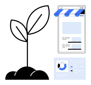 Mobil bir mağazanın yanındaki topraktan çıkan genç bitkiler ve analitik raporlar. Büyüme, iş geliştirme, girişim, e-ticaret, strateji, planlama ve sürdürülebilirlik kavramları için idealdir. Düz