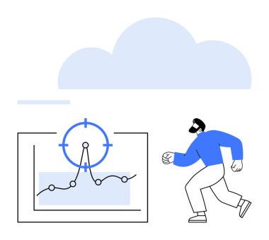 Adam veri noktalarıyla grafiğe doğru ilerliyor ve hedef simge bulutların altında. Analiz, veri izleme, hedef belirleme, bulut hesaplama, iş stratejisi, ilerleme için ideal, soyut çizgi düz