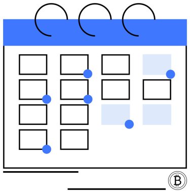 Noktalar ve gölgeli bloklar kullanılarak işaretlenmiş tarihlerle takvim, etkinlik planlaması ve organizasyonunu vurguluyor. Program, zaman yönetimi, verimlilik, hatırlatıcılar, teslim tarihleri, toplantılar için ideal