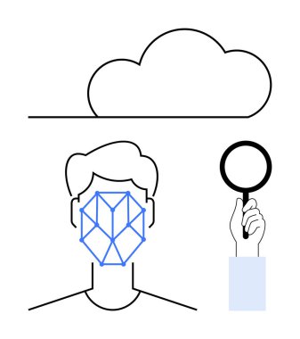 Bir yüzü kaplayan geometrik yüz taraması, büyüteç, bulut simgesi. Yapay zeka için ideal, yüz tanımlama, bulut hesaplama, biyometrik güvenlik, makine öğrenme dijital gizlilik. Düz basit