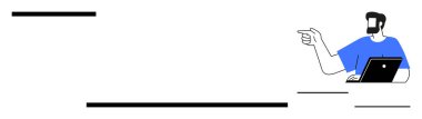 Koyu saçlı ve sakallı bir ofis çalışanı dizüstü bilgisayar kullanırken işaret ediyor. İş yönetimi için ideal, takım çalışması, liderlik, karar verme, verimlilik, uzaktan çalışma, teknoloji entegrasyonu. Basit soyut