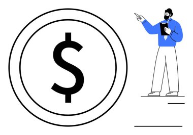 Resmi mavi gömlekli adam büyük dolar sembolünü işaret ediyor. Finans, kâr ve büyümeyi temsil ediyor. İş, yatırım, eğitim, sunum, başarı ekonomisi için ideal basit bir metafor