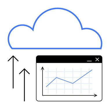 Mavi bulut, yukarı doğru oklar ve bir pencere ekranındaki veri grafiği bulut veri depolama, büyüme, analitik, ilerleme, dijital dönüşüm, iş geliştirme ve teknoloji bağlantısını simgeliyor. İdeal