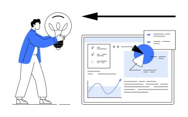 Büyük bir analitik ekrana doğru parlayan bir ampul taşıyan kişi grafikler, grafikler ve raporlar gösteriyor. Yenilik, strateji, veri analizi, ilerleme, çözümler, takım çalışması için ideal basit