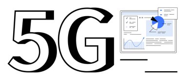 Grafikler, grafikler ve veri kartlarıyla dijital arayüzün yanında büyük bir 5G tipografisi. Teknoloji, bağlantı, veri analizi, iletişim, yenilik, ağ oluşturma eğilimleri ve basit iniş için ideal