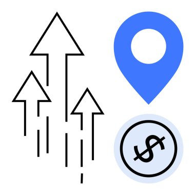 Yükselen üç ok büyümeyi, mavi harita konumu ve dolar parası da finansal başarıyı simgeliyor. İş, büyüme, başarı, strateji, ekonomik lokalizasyon için idealdir. Düz