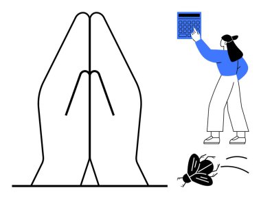 Dua eden eller, hesap makinesiyle etkileşime geçen bir kadın, uçan böcekler. Maneviyat, farkındalık, bütçe planlaması, odaklanma, durgunluğa karşı eylem, karar verici düz metafor