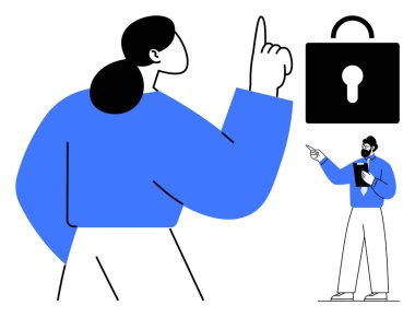 İki kişi güvenlik kavramlarını tartışıyor. Biri kilit sembolünü işaret ediyor. Siber güvenlik, veri koruması, gizlilik bilinci, takım çalışması, liderlik, teknoloji odaklanma, düz basit metafor
