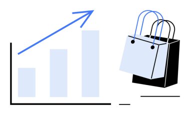 Alışveriş torbalarının yanında yukarı doğru ok bulunan bar tablosu satış büyümesini, perakende başarısını ve iş performansını simgeliyor. İş stratejisi, piyasa analizi, e-ticaret, kâr artışı için ideal