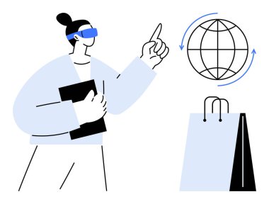 VR kulaklık takan bir kadın, alışveriş çantasının yanında tablet tutarken küresel ağla etkileşime giriyor. E-ticaret için ideal, sanal gerçeklik, küresel eğilimler, yenilik, perakende, çevrimiçi alışveriş, düz basit