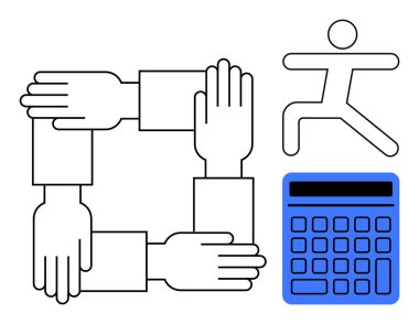 Bir kare, bir hesap makinesi ve dinamik bir duruşta bir insan figürü oluşturan eller birleşti. Takım çalışması, finans, öz gelişim, ortaklık, strateji, üretkenlik ve düz metafor için ideal