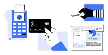 Bağlantı kartı, işlem terminali, veri paneli ve anahtar tutan bir hırsız aracılığıyla el ödemesi. Fintech, siber güvenlik, ödeme çözümleri, dolandırıcılık önleme, veri analizi finansmanı için ideal