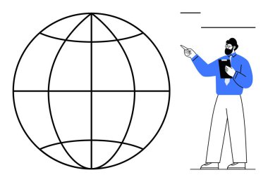 Elinde bir defter tutan adam, küresel kavramları, eğitimi ya da yeniliği sembolize eden geniş bir kablo çerçevesini işaret ediyor. Öğretmenlik, öğrenme, küresel iletişim, strateji, yenilik takım çalışması için ideal