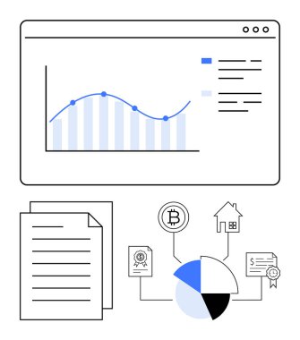 Tarayıcı penceresinde veri canlandırma grafiği, belge yığını, bitcoin, ev simgesi, pasta grafiği bağlantıları. Finans, analitik, dijital varlıklar, ekonomi portföyü analizi için ideal basit