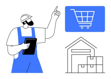 Kasklı ve tulumlu işçiler, alışveriş arabası simgesini gösterirken tablet kullanırlar. Depo ve kutular envanteri ve memnuniyeti temsil ediyor. E-ticaret, lojistik, tedarik zinciri, envanter için ideal