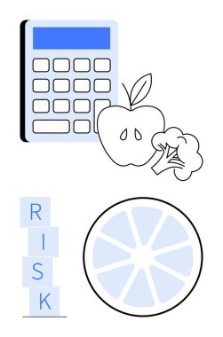 Elma ve brokolinin yanındaki hesap makinesi sağlık kararlarını vurgular. Limon dilimi ve RISK blokları beslenme, refah ve hesaplanmış seçenekleri dengelemeyi öneriyor. Diyet tavsiyeleri ve sağlık hizmetleri için ideal