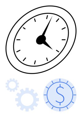Dolar işaretli analog saat ve zaman yönetimi, maliyet verimliliği, verimlilik ve ekonomik planlamayı öneren vites simgeleri. İş için ideal, verimlilik, strateji, planlama, finans tasarrufu