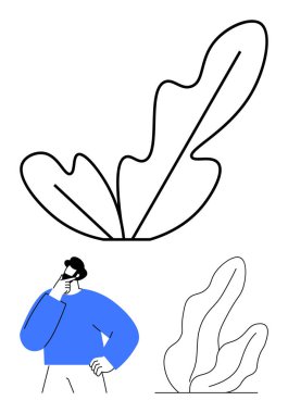 Mavi kazaklı, geniş soyut yaprak elementleriyle çevrili biri. Yaratıcılık, hayal gücü, büyüme, çevre, doğa, farkındalık için ideal. Düz basit metafor