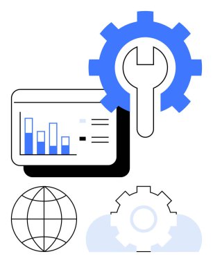 Ekranda çubuk çizelgesi, anahtar, küre ve bulut ile veri analizi, bakım ve küresel bağlantı fonksiyonlarını temsil ediyor. Teknoloji, hizmet, onarım, çözüm verileri için ideal