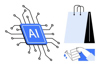 Devre çizgileri olan yapay zeka işlemci çipi, perakende satış torbası, ve eko-bilinç için bir kutuyu elle geri dönüştürme. Yenilik, perakende satış, dijital çözümler, tüketim ve sürdürülebilirlik için ideal