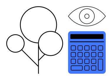 Soyut ağaç, hesap makinesi ve bir göz eko-izleme, kaynak değerlendirmesi ve veri güdümlü içgörüleri temsil eder. Sürdürülebilirlik, çevre, ekoloji, analiz verimliliği için ideal farkındalık düzlüğü