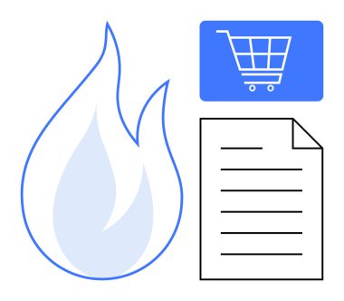 Yanan ikon, alışveriş arabası grafiği ve belge ana hatları trend anlaşmaları, e-ticaret, çevrimiçi alışveriş, dijital pazarlama, promosyon, veri analizi ve reklamcılığın heyecanını sembolize ediyor. Düz