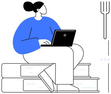 Kitapların üzerine tünemiş dizüstü bilgisayar kullanan bir kadın, öğrenmeyi ve dijital çalışmayı simgeliyor. Eğitim, çevrimiçi öğrenim, kişisel gelişim, teknoloji, uzaktan çalışma, üretkenlik iş-yaşam dengesi için ideal. Düz