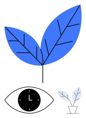 Soyut damarları olan koyu mavi yapraklar, saat merkezli gözler ve minimalist saksı bitkisi. Sürdürülebilirlik, zaman yönetimi, farkındalık, yenilik, eko-farkındalık, soyut çizgi dengesi için ideal