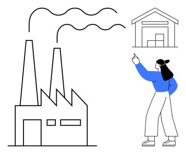 Dumanı tüten bacaları olan bir fabrika, depo çizimi ve yukarı bakan bir kadın. Endüstri için ideal, üretim yönetimi, tedarik zinciri, lojistik, planlama imalat yeniliği. Düz basit