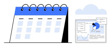 Analitik gösterge panelinin yanındaki spiral takvim görevleri, verileri ve zamanlamayı temsil eden bulut simgesi. Zaman yönetimi, proje planlaması, analitik, üretkenlik, takım çalışması için ideal dijital