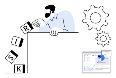 RISK etiketli blokları istifleyen adam, veri grafikleri ve dişlileri analiz ederken, strateji, üretkenlik, risk yönetimi, planlama, veri güdümlü kararlar, takım çalışması ve temiz bir iniş sayfasını temsil ediyor