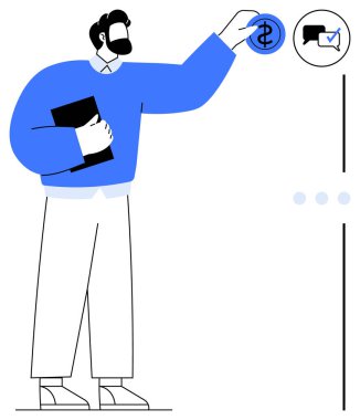 Madeni para dolar simgesine doğru kolunu uzatan adam, yanında belge klasörü, konuşma ve işaret simgeleri tutuyor. Finans, karar verme, planlama, hedefler, iş analizi, yönetim dairesi için ideal