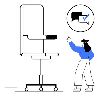 Büyük ofis sandalyesini işaret eden ve işaretli sohbet baloncuğu olan kadın, iş yeri iletişimini, organizasyonu, görev onayı, işbirliği, kariyer, verimlilik ve konuşmayı sembolize ediyor. Düz