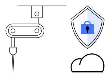 Güvenlik kalkanı yakınında kilit ikonu ve veri güvenliğini temsil eden bulut simgesi olan robot kol hassasiyeti mekanizması. Teknoloji entegrasyonu, gelecekteki yenilikler, siber güvenlik, bulut hesaplama için ideal