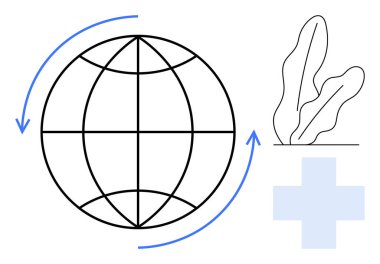 Oklu küre geri dönüşümü sembolize eder, bir bitkinin yanında ve çevre sağlığı ve bakımını simgeler. Konular için ideal sürdürülebilirlik, küresel bakım, ekoloji, sağlık, yenilenebilir enerji