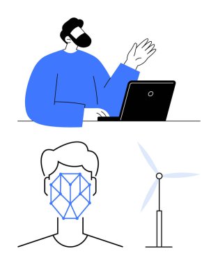 Adam dizüstü bilgisayar kullanıyor, yüz tanıma arayüzü ve rüzgar türbini kullanıyor. Yapay zeka, yenilik, teknoloji, sürdürülebilirlik, kullanıcı arayüzü, yenilenebilir enerji dijital ilerleme temaları için ideal